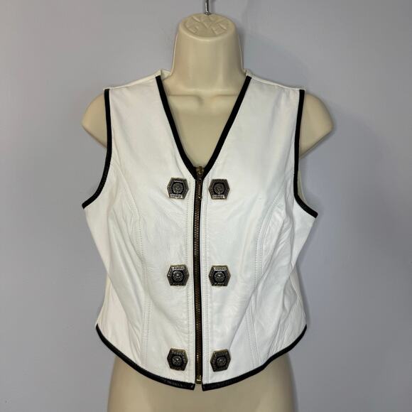 Cache Vintage White Leather Vest Full Zip Crest Gold Buttons Detail Stretch - Picture 10 of 13